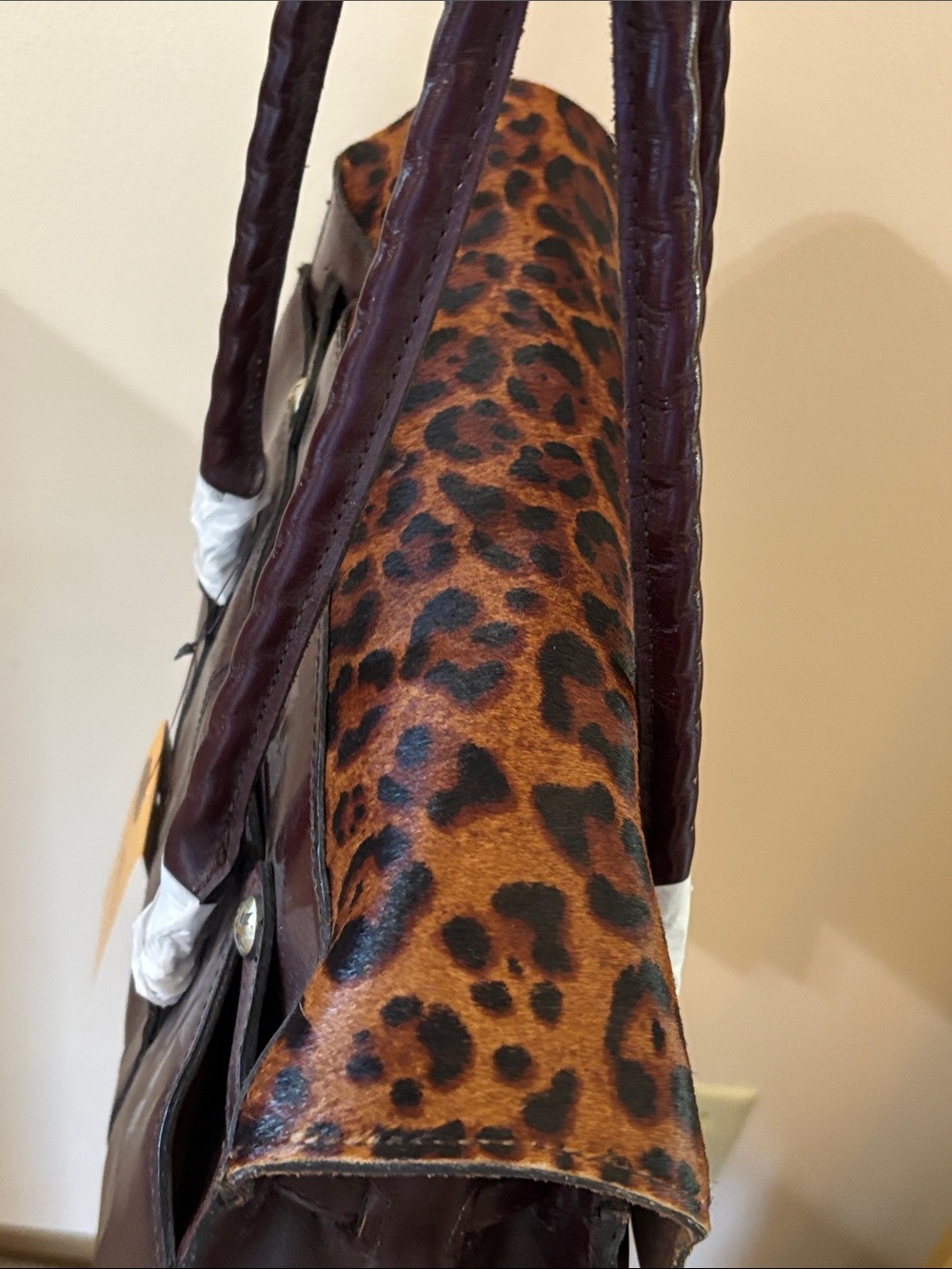 Patricia Nash Brown Leather Satchel with Leopard Print Flap and Gold Hardware - Picture 6 of 12